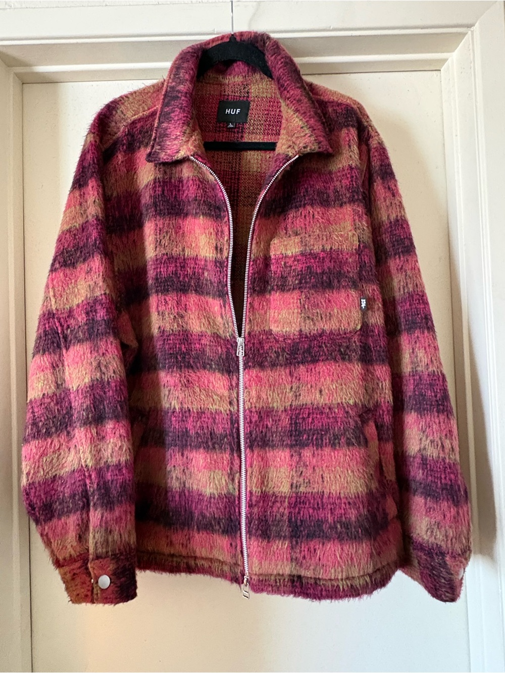 HUF Women's Pink & Burgundy Striped Teddy Zip Jacket